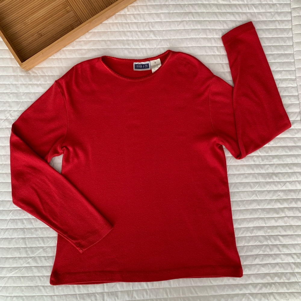VTG Oversized Red Shirt Top Scalloped Crewneck Long Sleeve Erika & Co. Women’s S
